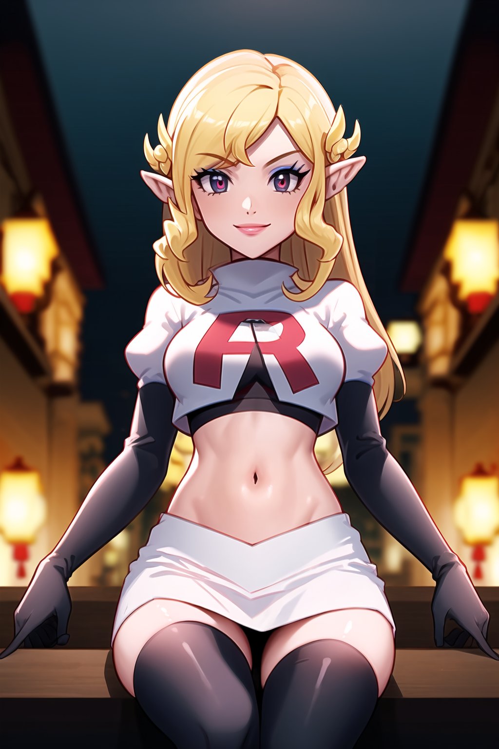 Team Rocket, cropped jacket, white jacket, crop top, jacket, gloves, black gloves, elbow gloves, navel, midriff, white skirt, miniskirt, skirt, black thighhighs,military_uniform,looking down at viewer, china, asiática, city, night, sky, (intricately detailed, hyperdetailed), blurry background,depth of field, best quality, masterpiece, intricate details, tonemapping, sharp focus, hyper detailed, trending on Artstation,1 girl, high res, official art,evil smile,crossed_legs_(sitting),toon zelda, long hair, blonde hair, pointy ears, makeup