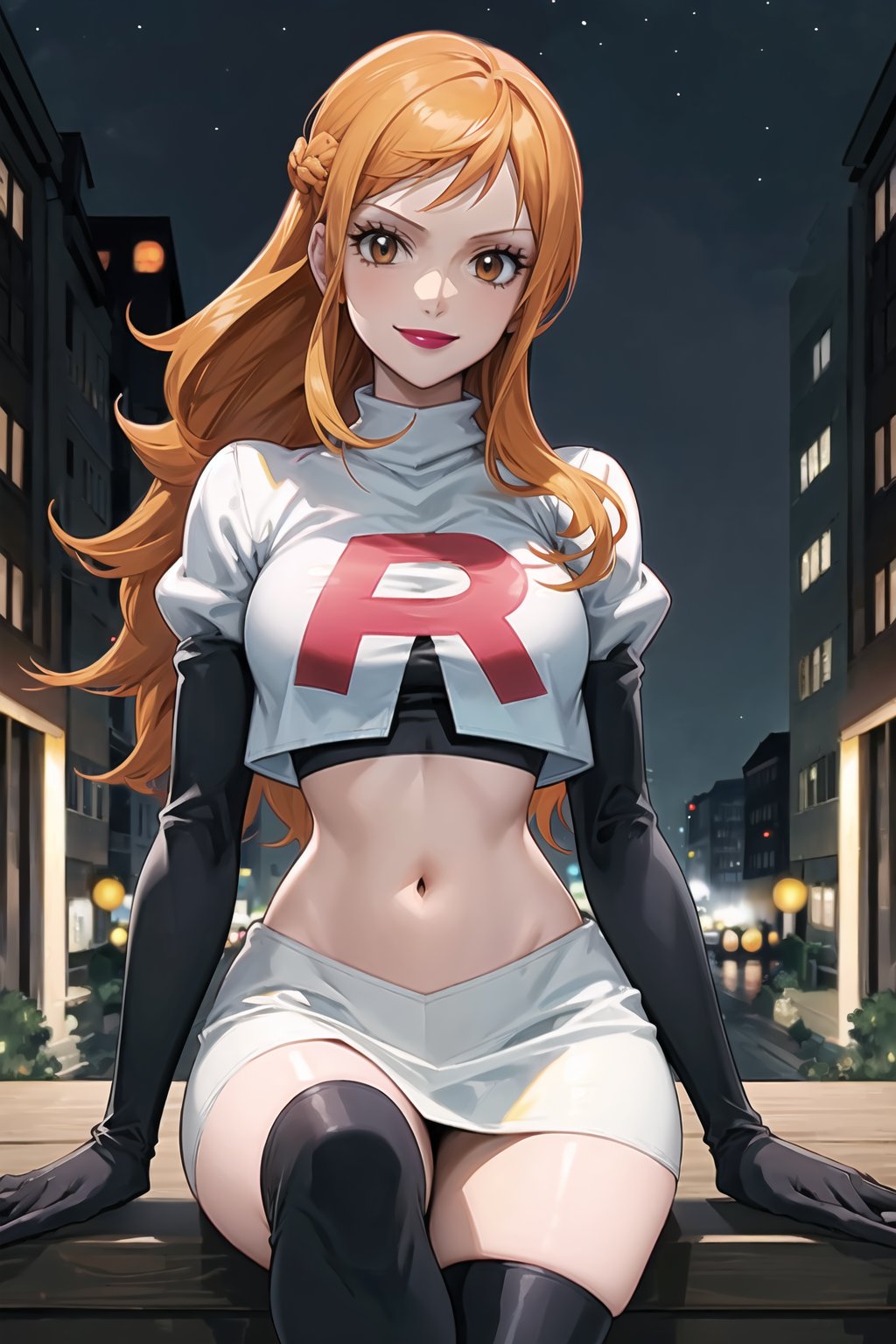 Team Rocket, cropped jacket, white jacket, crop top, jacket, gloves, black gloves, elbow gloves, navel, midriff, white skirt, miniskirt, skirt, black thighhigh boots,military_uniform,looking at viewer, city, night, sky, (intricately detailed, hyperdetailed), burning building background,depth of field, best quality, masterpiece, intricate details, tonemapping, sharp focus, hyper detailed, trending on Artstation,1 girl, high res, official art,evil smile,purple_eyeshadow,pink_lipstick,crossed_legs_(sitting),namipostn,orange_hair,brown_eyes,long_hair, nami_(one_piece),nami \(one piece\)