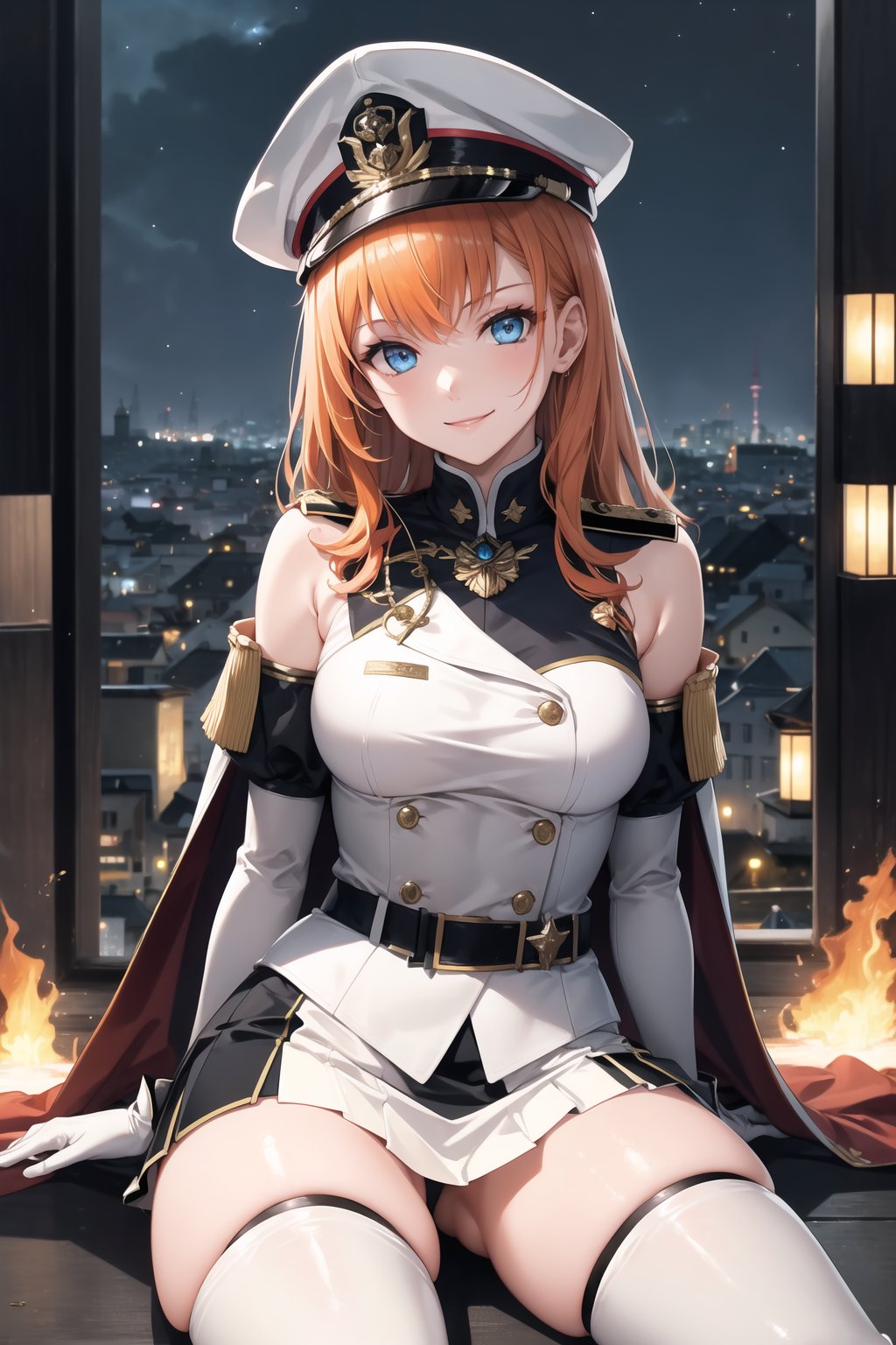 elbow gloves, white skirt, miniskirt, skirt, white_thighhigh_boots,military_uniform,military_hat,long white elbow gloves,sleeveless ,no_sleeves,shoulder_cape,looking at viewer, city, night, sky, (intricately detailed, hyperdetailed), burning building background,depth of field, best quality, masterpiece, intricate details, tonemapping, sharp focus, hyper detailed, trending on Artstation,1 girl, high res, official art,evil smile,sitting_down,crossed_legs_(sitting),sitting_on,light_blue_eyes,warAnne, long hair, wavy hair,orange_hair