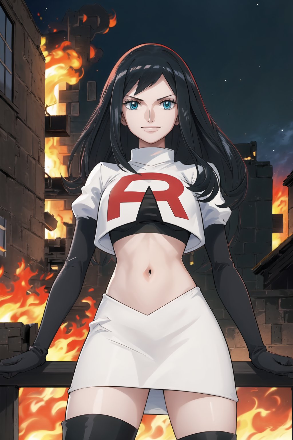 Team Rocket, cropped jacket, white jacket, crop top, jacket, gloves, black gloves, elbow gloves, navel, midriff, white skirt, miniskirt, skirt, black thighhigh boots,military_uniform,looking at viewer, city, night, sky, (intricately detailed, hyperdetailed), burning building background,depth of field, best quality, masterpiece, intricate details, tonemapping, sharp focus, hyper detailed, trending on Artstation,1 girl, high res, official art,evil smile,nicorob,  black_hair,blue_eyes