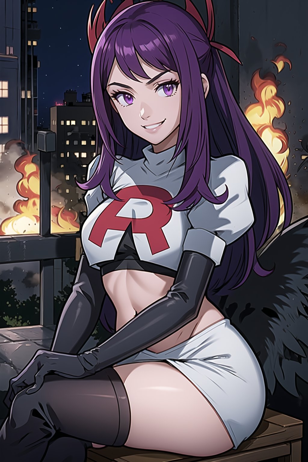 Team Rocket, cropped jacket, white jacket, crop top, jacket, gloves, black gloves, elbow gloves, navel, midriff, white skirt, miniskirt, skirt, black thighhigh boots,military_uniform,looking at viewer, city, night, sky, (intricately detailed, hyperdetailed), burning building background,depth of field, best quality, masterpiece, intricate details, tonemapping, sharp focus, hyper detailed, trending on Artstation,1 girl, high res, official art,evil smile,sitting_down,crossed_legs_(sitting),IVY FE,purple_hair,purple_eyes,long_hair