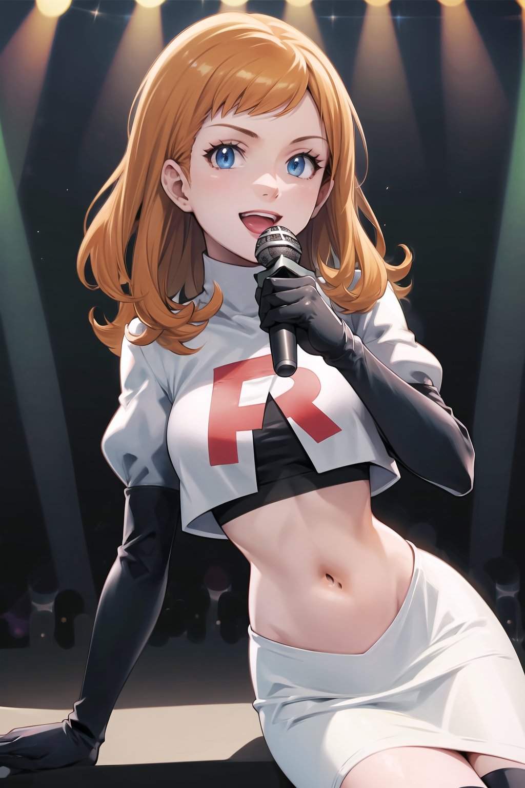 Team Rocket, cropped jacket, white jacket, crop top, jacket, gloves, black gloves, elbow gloves, navel, midriff, white skirt, miniskirt, skirt, black thighhigh boots,military_uniform,looking at viewer, (intricately detailed, hyperdetailed),holding_microphone,singing,on_stage ,concert background,depth of field, best quality, masterpiece, intricate details, tonemapping, sharp focus, hyper detailed, trending on Artstation,1 girl, high res, official art,evil smile,crossed_legs_(sitting), annette_war,orange_hair,long_hair