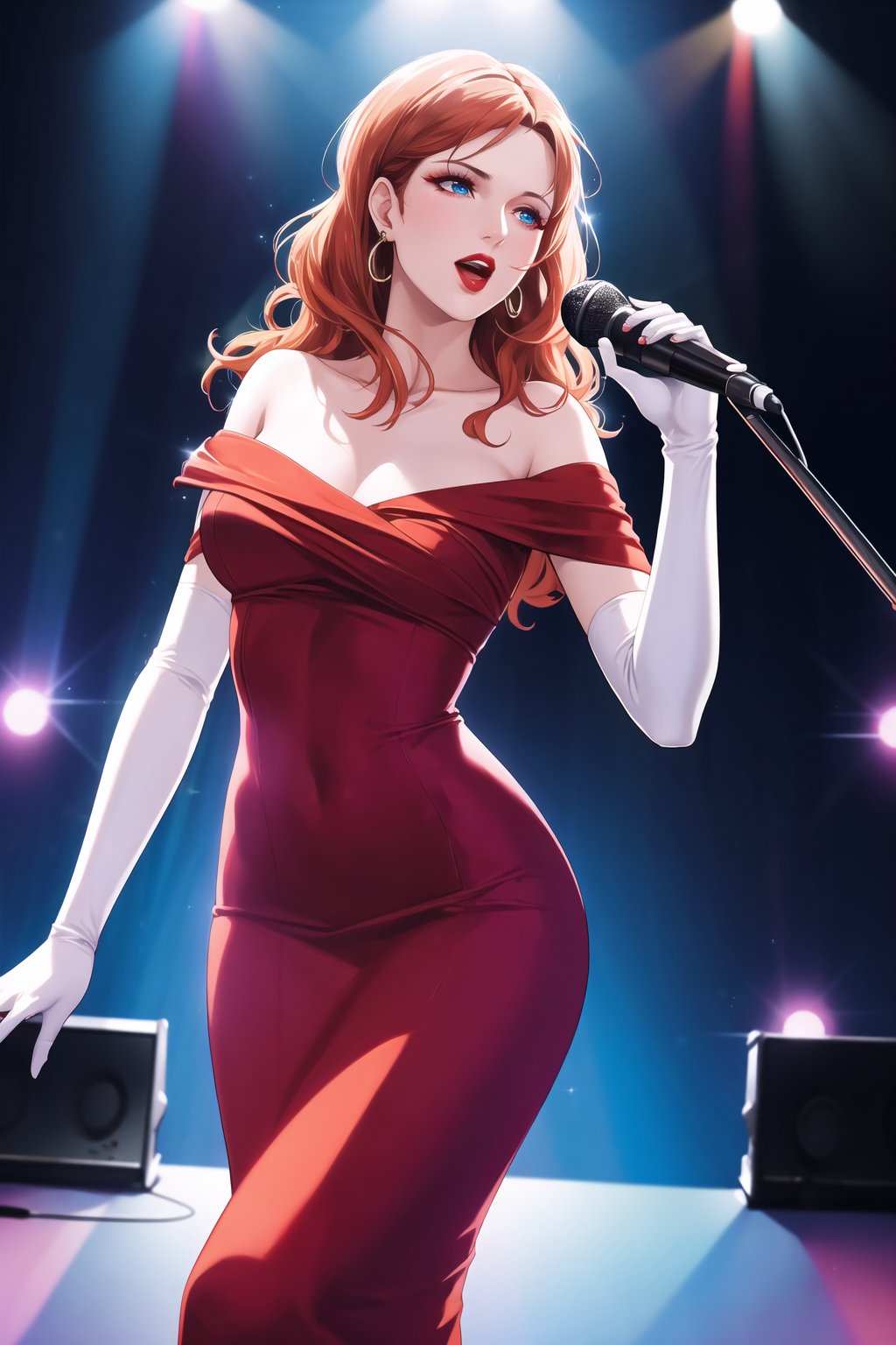 best quality,4k,8k,highres,masterpiece:1.2),ultra-detailed,(realistic,photorealistic,photo-realistic:1.37), vibrant colors, stage spotlight, vintage microphone, elegant hair, graceful pose, dynamic atmosphere, stylish interior, classic jazz era vibes, captivating performance, soulful expression, animated jazz band, rhythmic music, passionate singing, microphone stand, energetic crowd, glamorous ambiance, seamless visual composition, enchanting red lighting, annette_war, in a red dress, blue eyes, orange hair, long hair, long white elbow gloves, wearing red lipstick, wearing light purple eye shadow, wearing makeup, holding old 1920s microphone, jazz club background, singing