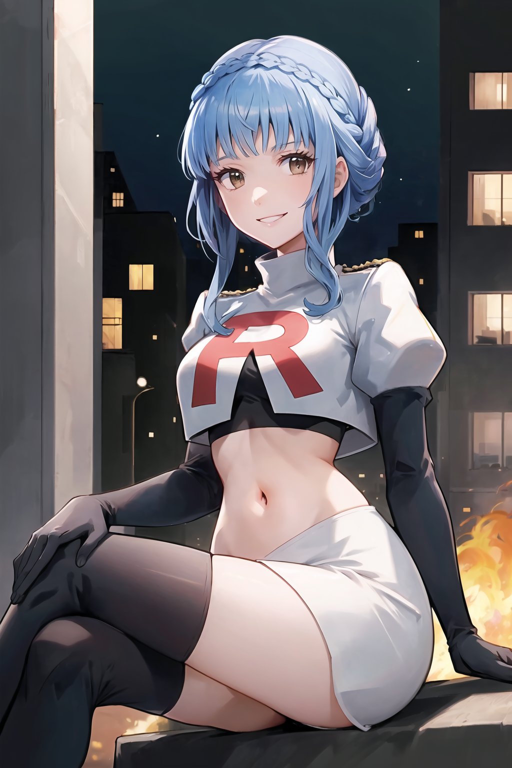 Team Rocket, cropped jacket, white jacket, crop top, jacket, gloves, black gloves, elbow gloves, navel, midriff, white skirt, miniskirt, skirt, black thighhigh boots,military_uniform,looking at viewer, city, night, sky, (intricately detailed, hyperdetailed), burning building background,depth of field, best quality, masterpiece, intricate details, tonemapping, sharp focus, hyper detailed, trending on Artstation,1 girl, high res, official art,evil smile,crossed_legs_(sitting),marianneuniform, crown braid,blue_hair,brown_eyes