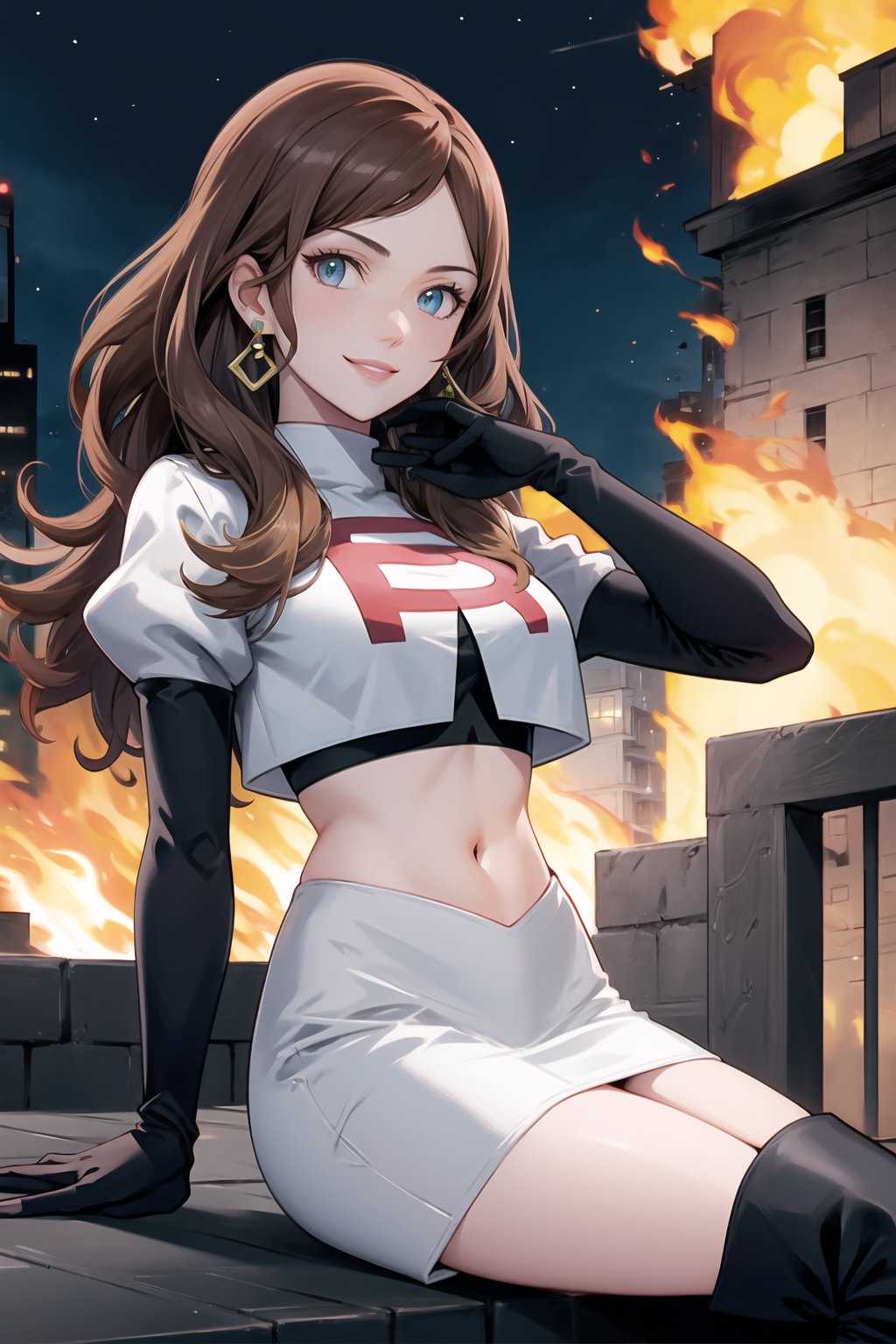 Team Rocket, cropped jacket, white jacket, crop top, jacket, gloves, black gloves, elbow gloves, navel, midriff, white skirt, miniskirt, skirt, black thighhigh boots,military_uniform,looking at viewer, city, night, sky, (intricately detailed, hyperdetailed), burning building background,depth of field, best quality, masterpiece, intricate details, tonemapping, sharp focus, hyper detailed, trending on Artstation,1 girl, high res, official art,evil smile,crossed_legs_(sitting),earings,dorothea,brown_hair,long_hair