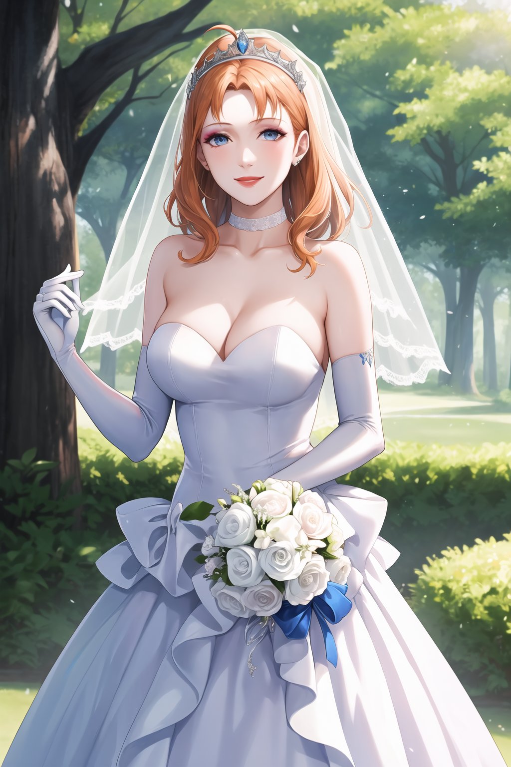 annette_war,hair between eyes, ahoge, orange_hair, star \(symbol\), hair ornament, dress, cleavage, bare shoulders, collarbone, long white elbow gloves, white gloves, white dress, white choker, strapless, tiara, veil, strapless dress, wedding dress, bridal veil, beautiful woman, perfect body, perfect breasts, wearing a wedding dress, ball gown,lipstick,makeup ,in the park trees, wedding decorations, a in love smile, realism, masterpiece, textured skin, super detail, high detail, high quality, best quality, 1080p, 16k,