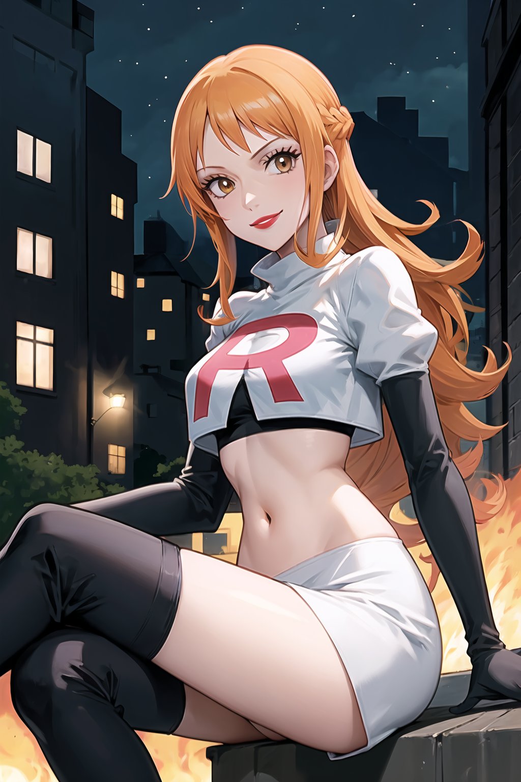 Team Rocket, cropped jacket, white jacket, crop top, jacket, gloves, black gloves, elbow gloves, navel, midriff, white skirt, miniskirt, skirt, black thighhigh boots,military_uniform,looking at viewer, city, night, sky, (intricately detailed, hyperdetailed), burning building background,depth of field, best quality, masterpiece, intricate details, tonemapping, sharp focus, hyper detailed, trending on Artstation,1 girl, high res, official art,evil smile,purple_eyeshadow,pink_lipstick,crossed_legs_(sitting),namipostn,orange_hair,brown_eyes,long_hair, nami_(one_piece),nami \(one piece\)