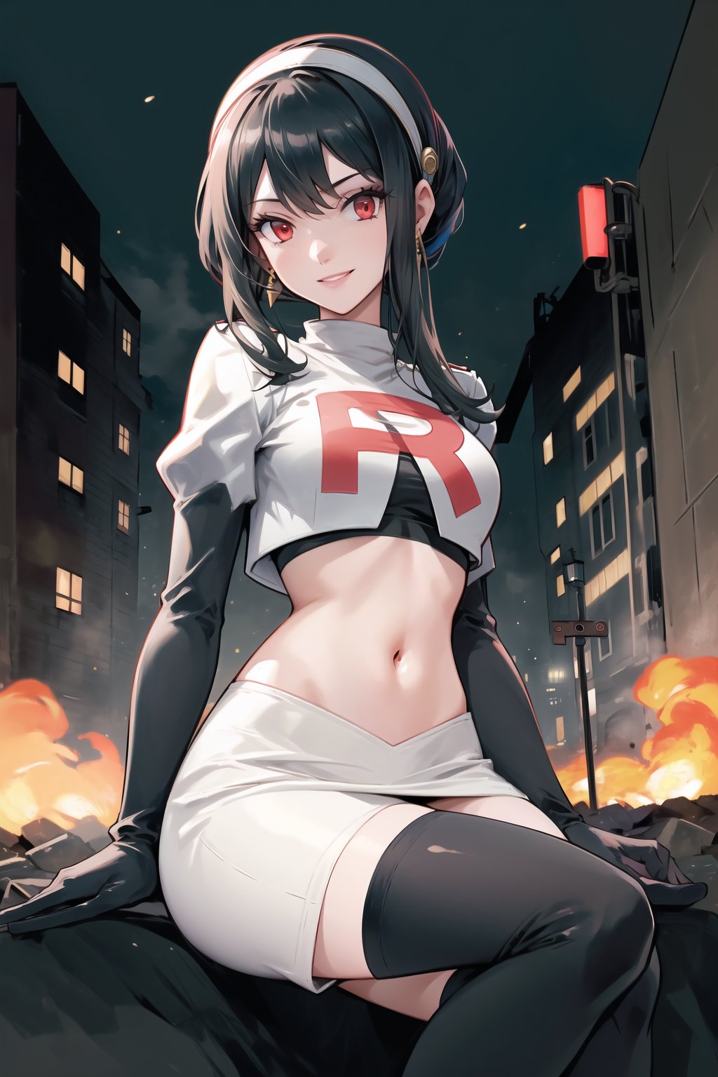 Team Rocket, cropped jacket, white jacket, crop top, jacket, gloves, black gloves, elbow gloves, navel, midriff, white skirt, miniskirt, skirt, black thighhigh boots,military_uniform,white_military_hat,looking at viewer, city, night, sky, (intricately detailed, hyperdetailed), burning building background,depth of field, best quality, masterpiece, intricate details, tonemapping, sharp focus, hyper detailed, trending on Artstation,1 girl, high res, official art,evil smile,crossed_legs_(sitting),bbyorf, short hair with long locks,white hairband, red eyes, gold earrings, jewelry