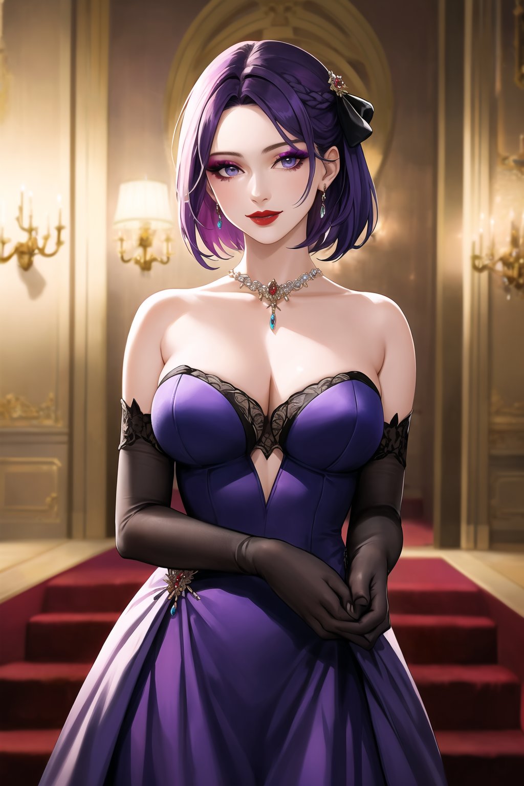 A stunning ballroom setting with a asiática beauty taking center stage. She wears long white satin elbow gloves, a strapless blue dress that flows like silk, and her vibrant purple hair is tied up in a chic hair bow. Her gaze locks onto the viewer, a radiant smile spreading across her face as she showcases her intricate makeup design featuring red lipstick and purple eyeshadow. Delicate jewelry adorns her neck and wrists. In the background, a blurred but elegant ballroom scene unfolds, with tonemapping and sharp focus bringing every detail to life in hyper-realistic clarity. A true masterpiece for Artstation's trending artists, presented in high resolution and official art quality.