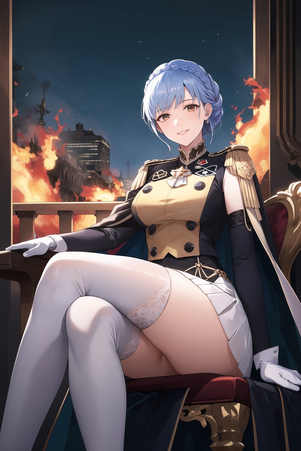 elbow gloves, white skirt, miniskirt, skirt, white_thighhigh_boots,military_uniform,military_hat,white_elbow_gloves,sleeveless ,no_sleeves,shoulder_cape,looking at viewer, city, night, sky, (intricately detailed, hyperdetailed), burning building background,depth of field, best quality, masterpiece, intricate details, tonemapping, sharp focus, hyper detailed, trending on Artstation,1 girl, high res, official art,evil smile,sitting_down,crossed_legs_(sitting),sitting_on_chair, jewelry,marianneuniform, crown braid,blue_hair,brown_eyes