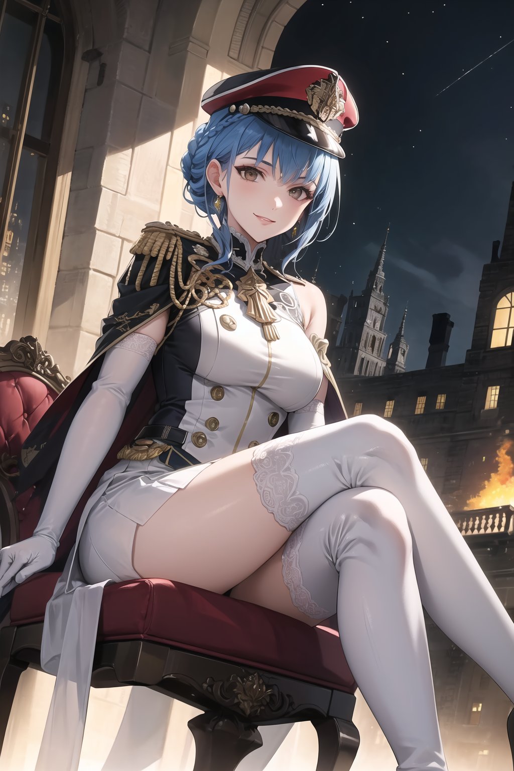 elbow gloves, white skirt, miniskirt, skirt, white_thighhigh_boots,military_uniform,military_hat,white_elbow_gloves,sleeveless ,no_sleeves,shoulder_cape,looking at viewer, city, night, sky, (intricately detailed, hyperdetailed), burning building background,depth of field, best quality, masterpiece, intricate details, tonemapping, sharp focus, hyper detailed, trending on Artstation,1 girl, high res, official art,evil smile,sitting_down,crossed_legs_(sitting),sitting_on_chair, jewelry,marianneuniform, crown braid,blue_hair,brown_eyes