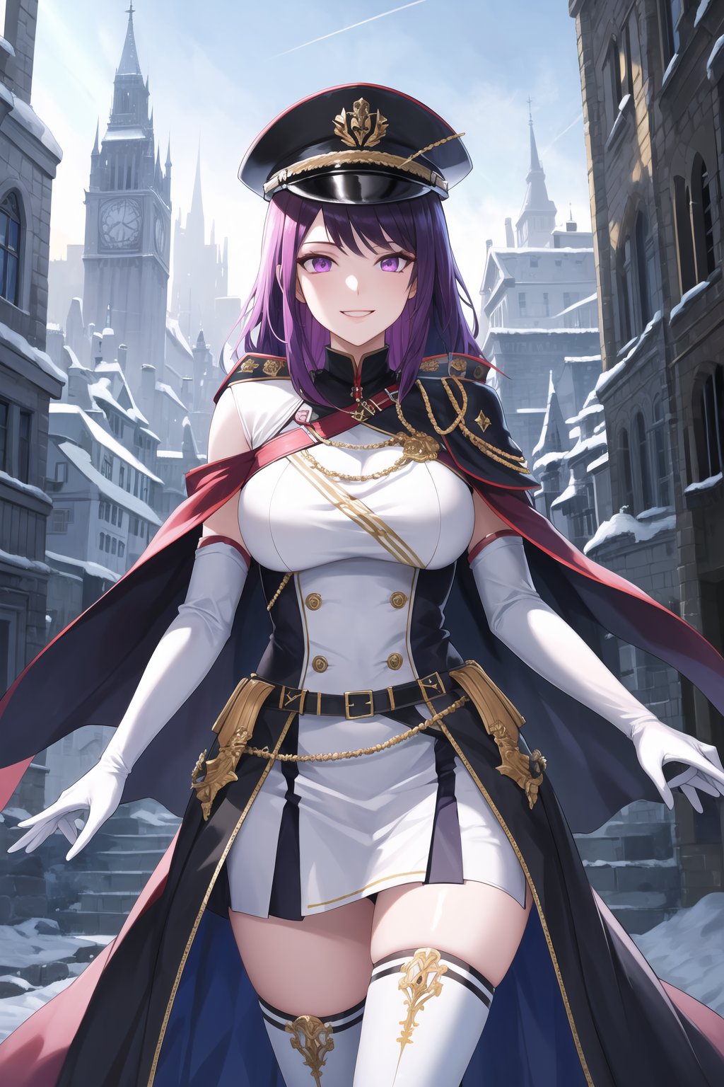 elbow gloves, white skirt, miniskirt, skirt, black thighhigh boots,white_gloves,white_military_uniform,white_military_hat,long white elbow gloves,sleeveless ,no_sleeves,shoulder_cape,looking at viewer, city, night, sky, (intricately detailed, hyperdetailed), frozen building background,depth of field, best quality, masterpiece, intricate details, tonemapping, sharp focus, hyper detailed, trending on Artstation,1 girl, high res, official art,evil smile,purple_eyes,IVY FE,purple-hair