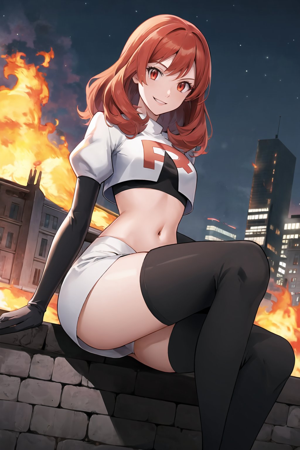 Team Rocket, cropped jacket, white jacket, crop top, jacket, gloves, black gloves, elbow gloves, navel, midriff, white skirt, miniskirt, skirt, black thighhigh boots,military_uniform,looking at viewer, city, night, sky, (intricately detailed, hyperdetailed), burning building background,depth of field, best quality, masterpiece, intricate details, tonemapping, sharp focus, hyper detailed, trending on Artstation,1 girl, high res, official art,evil smile,crossed_legs_(sitting),celica fe,red_hair,red_eyes