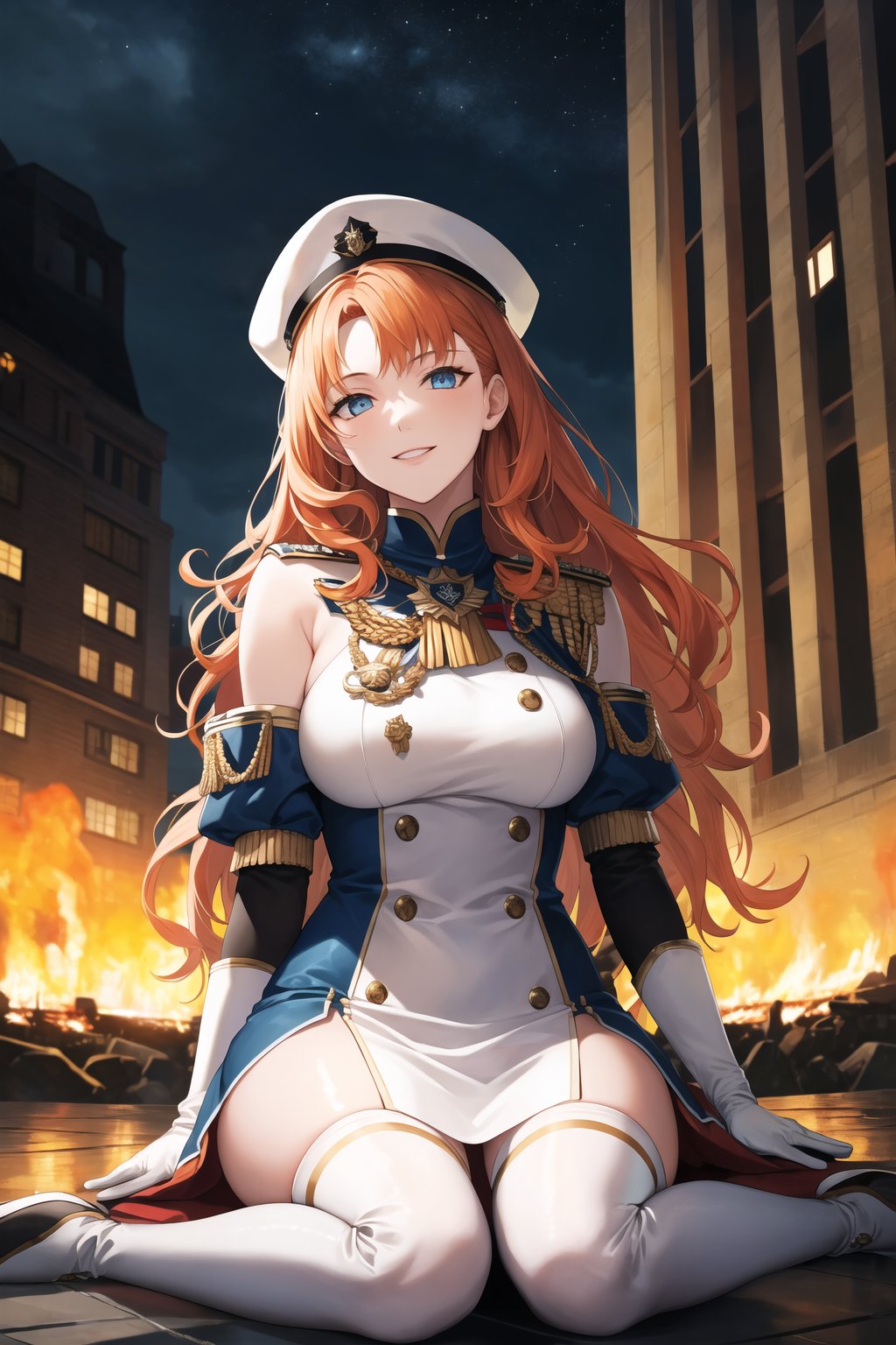 elbow gloves, white skirt, miniskirt, skirt, white_thighhigh_boots,military_uniform,military_hat,long white elbow gloves,sleeveless ,no_sleeves,shoulder_cape,looking at viewer, city, night, sky, (intricately detailed, hyperdetailed), burning building background,depth of field, best quality, masterpiece, intricate details, tonemapping, sharp focus, hyper detailed, trending on Artstation,1 girl, high res, official art,evil smile,sitting_down,crossed_legs_(sitting),sitting_on,light_blue_eyes,warAnne, long hair, wavy hair,orange_hair