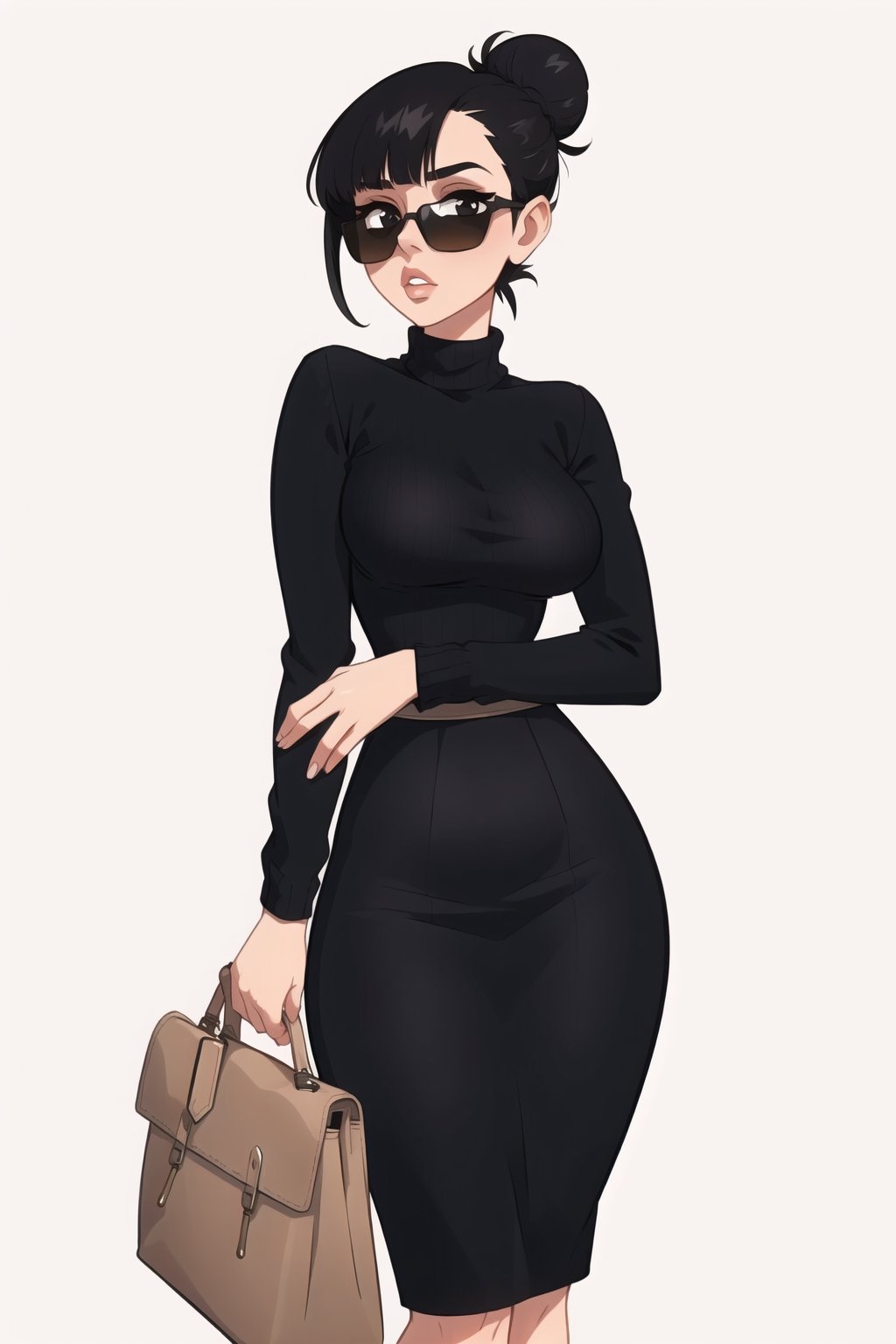 ((Best quality,  masterpiec)),  mature female,  solo,  1female,  black hair,  bun, long bangs,  sunglasses, eexpressionles,  black sweater, very long beige skirt, bag,  medium breasts,  looking at viewer,  milfication, simple_background