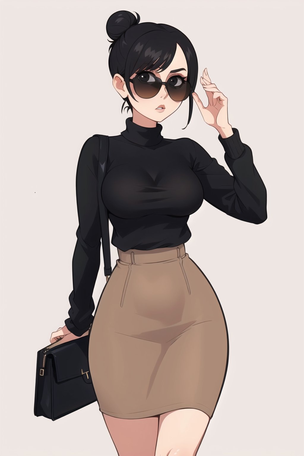 ((Best quality,  masterpiec)),  mature female,  solo,  1female,  black hair,  bun, long bangs,  sunglasses, eexpressionles,  black sweater, very long beige skirt, bag,  medium breasts,  looking at viewer,  milfication, simple_background