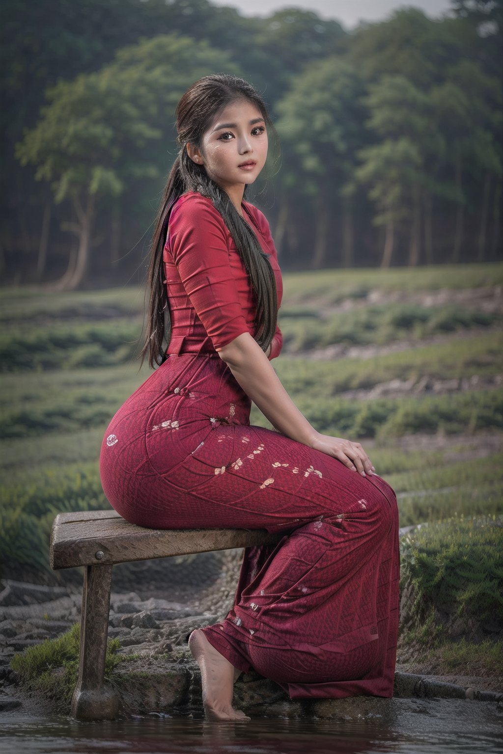 masterpiece, ultra detailed, high quality, 1girl, ( parted lips), detailed lips, sitting in bench, (solo), wide shot, scenery, full body, hair between eyes, long straignt hair, acmm ss outfit,Myanmar, Burmese