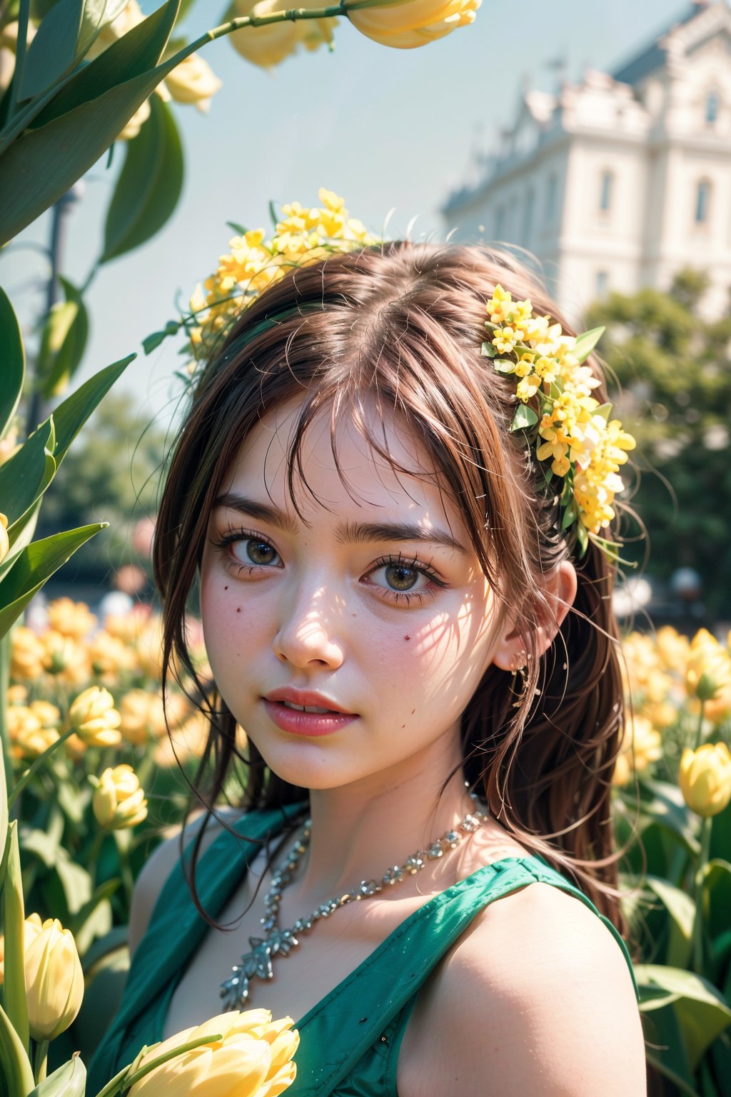 absurdres,  highres,  ultra detailed,  (teenage girl:1.3), smile , sunlight , lens flare reflection,lomography,  analog photography,  vibrant colors,  soft focus,  light leaks,  dreamy atmosphere,  experimental charm,  nostalgic appeal, looking into the viewer, tulips flower farm in bg, perfect fingers, (green dress)