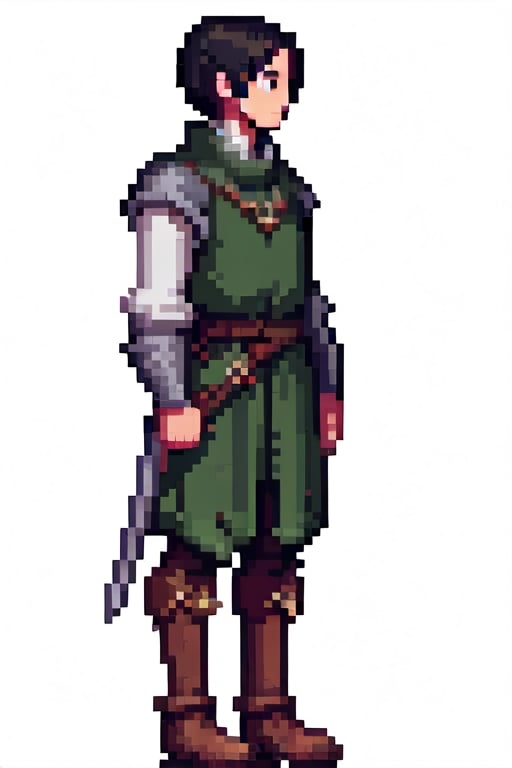 pixel art, full body of a medival wanderer with black short hair, side view, minimalist, (pixel:0.8)