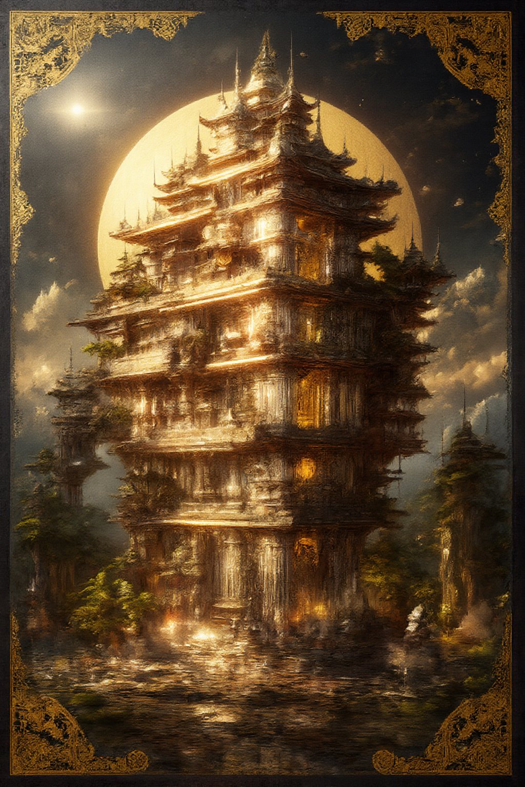 (Real and vivid, rich colors, high contrast shadow and light masterpiece, oriental castle, sun, majestic, hyper-realistic painting, intricate, high details, sharp focus, realism, bright. Resplendent, glowing, detailed background, it It has to be anything but ordinary, it has to have a very complex structure, it has to have a very high degree of randomness, it has to be an image that no one has seen before, it has to be very original, it has to have huge details, it has to be art of the highest order Quality, it must be ultimate, failure is not an option)