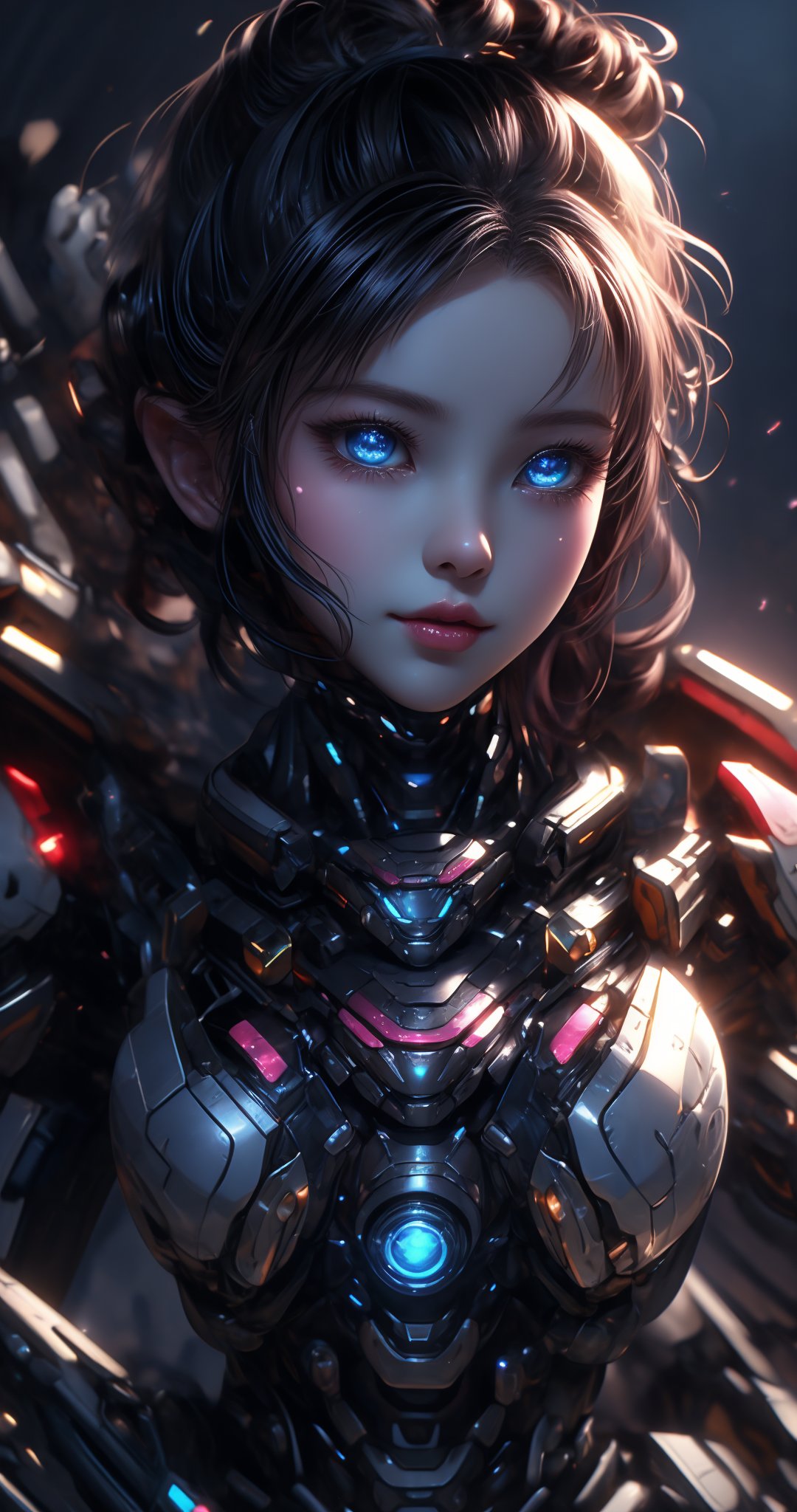 Here's a prompt that incorporates all your words:

Create a stunning 64K CG wallpaper featuring a beautiful and seductive cyborg woman in battle mode, with intricate details and high resolution textures. The scene is set against a dark backdrop, illuminated only by the glowing blue eyes of our protagonist, who sports bun hair and a cute face with mesmerizing gaze. Her entire body is composed of advanced machinery, as if she's a walking war machine. She wears a futuristic outfit that seamlessly integrates her mechanical limbs. The photo captures her full figure, showcasing every detail from head to toe. The atmosphere is intense, with a sense of darkness and foreboding, as if she's about to unleash her fury on the battlefield. Capture this masterpiece in RAW format, ensuring the best possible quality for the discerning viewer.