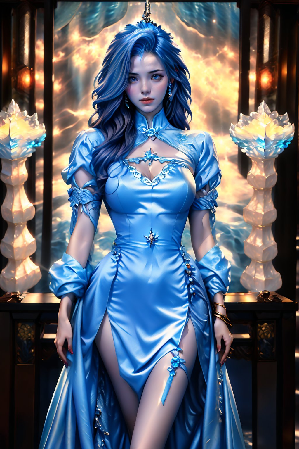 The teenage sorceress in a fantasy style utilizes ice-based magic, her face is remarkably lifelike, resembling a bit of a Japanese or Korean female celebrity, accompanied by a large ice dragon. Her magic staff is a silver ice crystal with a blue gem atop it. She wears a white robe adorned with icy patterns. Her hair is a light shade of blue, and her eyes are deep blue. Her expression remains calm as she has just discovered a mysterious cave.Masterpiece, High Quality, High Detail, Top Quality, Hi-Res, HD, 16k, 8k, 4K, Award-Winning BREAk, Realism, Depth of Field, Cinematic Lighting, Backlight, Symmetry, Bokeh, f/1.8, Eye Level Shot, 35mm, Very Delicate and Beautiful, Very Detailed, Amazing, Fine Detail, Masterpiece, Best Quality, Official Art, Absurd, Incredibly ridiculous, Ultra detailed, High Definition, Very detailed, Beautiful cute girl, (Cowboy Shot: 1.25), Break, Wavy Hair , Very detailed eyes and face, Beautiful detailed eyes, Face light, 18 years old, (golden yellow long straight hairstyle: 1.2), detailed hair, (slender: 1.15), perfect anatomy, perfect proportions, (waterfall background: 1.25), detailed background, (looking at the viewer, facing the viewer: 1.15), ((seductive model pose)), (((dynamic pose))), cinematic lighting, ,Mecha body, conan style dress, Nice legs and hot body, More Detail, blue eyes, red lips, seductive smile,Fashion cheongsam