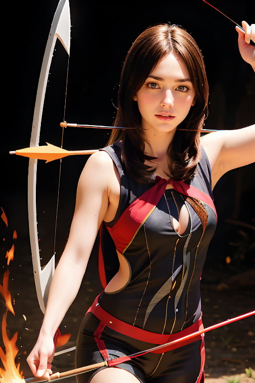 1girl, solo, long hair, black hair, weapon, fire, reality, arrow\(slug\), holding a bow and arrow aimed at the viewer