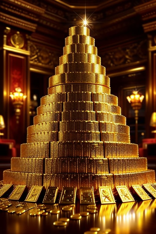 A towering pile of gleaming gold coins and bars, with soft, warm lighting reflecting off their shiny surfaces. The scene is set in a grand, opulent room with luxurious decor and rich textures. The composition captures the height and volume of the pile, with a few coins spilling over the edges, creating a sense of abundance and wealth. The background is slightly blurred, focusing attention on the radiant gold.