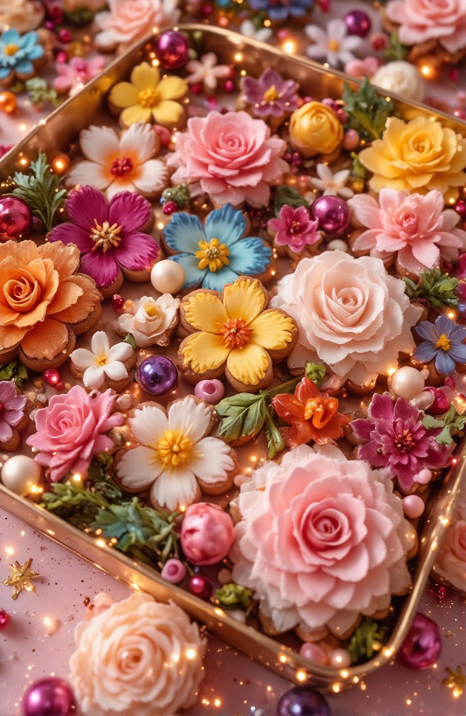 Beautiful colorful shapes of gingerbread cookies close-up. Carefully designed display and eye-catching colorful flower sha...