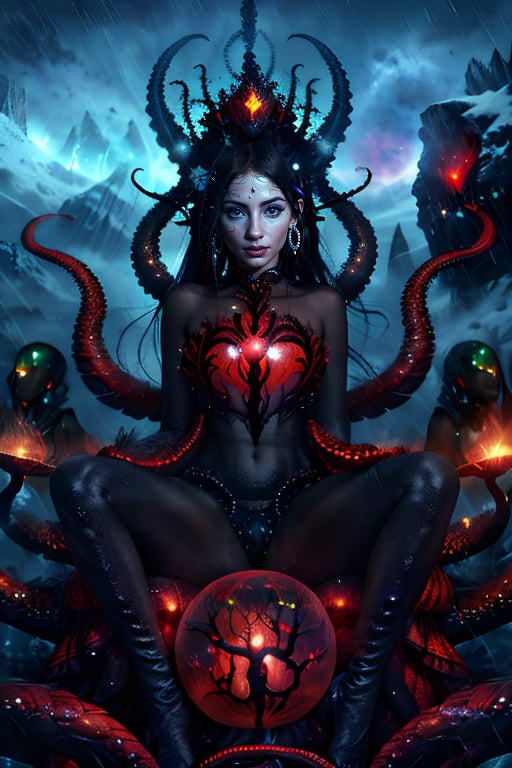 A beautiful girl lay lazily on a throne made of tentacles. She propped her head up on one hand and half-closed her eyes. Fluorescent green eyes sparkled in the darkness, contrasting sharply with her all-black skin and the streaks radiating from her body. Her body is translucent, revealing the light of a huge red core on her chest. The internal forces are constantly splitting and merging, releasing powerful destructive power. Countless tentacles sprouted from the girl's back and stretched out, Azathoth.

Surrounded by countless invisible dancers, they play invisible flutes in disturbing monotony. The chaotic voices tried to keep Azathoth calm.

It all takes place against a turbulent backdrop: volcanic eruptions, thunder and blizzards combine to create a scene that is both chaotic and mysterious.