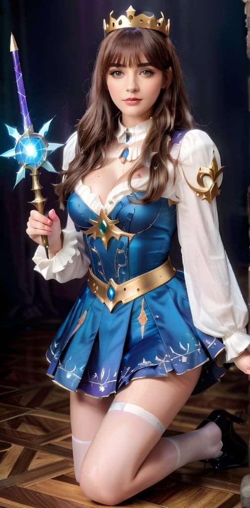 A girl, alone, with long straight brown hair with bangs, looking at the viewer, with striking green eyes. She wears a blue skirt, a white light armor on top with a white shirt revealing cleavage, huge breasts, and a voluptuous figure. She also wears white thigh-high socks and a blue dress, holding a massive magic wand, showing cleavage, sitting down, full body, white-blue high heels, a magic book, a golden crown with blue gemstones, floating, an open book, magic, a magic circle, long legs, and a hot body. (RAW photo, best quality), (realistic, photo-realistic: 1.3), best quality, masterpiece, beautiful and aesthetic, 16K, (HDR: 1.4), high contrast, (vibrant color: 1.4), (muted colors, dim colors, soothing tones: 0), cinematic lighting, ambient lighting, sidelighting, exquisite details and textures, cinematic shot, warm tone, full body (bright and intense: 1.2), (masterpiece, top quality, best quality, official art, beautiful and aesthetic: 1.2), HDR, high contrast, wide shot.,1 girl ,lis4,solo