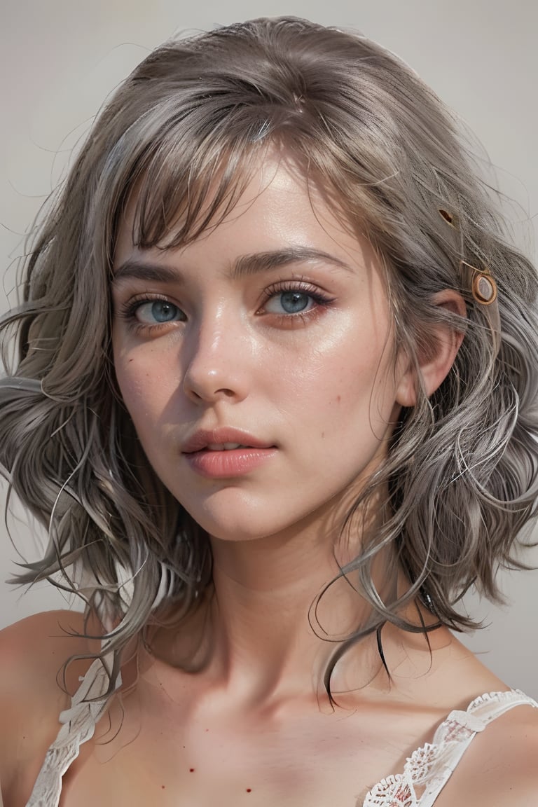 1girl, solo, upper body, grey hair, lips, traditional media, realistic