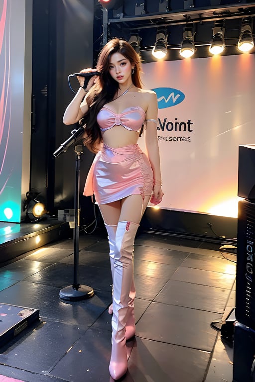 1girl, Korean girl, Korean female singer, is performing and singing on the stage, gorgeous stage clothes, short skirt, holding a microphone, extra long plastic pink boots
(extremely long straight hair with pink gradient color, bangs), (obviously blue eyes), long eyebrows, soft makeup, gradient lips, (big breasts), plump body, slender eyes and legs, black stockings , Detailed Fingers, Detailed Background, Ambient Light, Extreme Details, Cinematic Shots, Realistic Illustrations, (Soothing Tone: 1.3), (Super Detail: 1.2), Masterpiece, Normal Feet, Normal Body, Normal Limbs, (Stage Theme)

Perfect Skin, (RAW Photo, Best Quality), (Real, Photo Real: 1.3), Best Quality, Masterpiece, Beauty & Aesthetics, 16K, (HDR: 1.4), High Contrast, (Vivid Colors: 1.4), ( Silent Colors, Dull Colors, Soothing Tone: 0), Cinematic Lighting, Ambient Lighting, Side Lighting, Fine Details and Textures, Cinematic Lenses, Warm Colors, Full Body (Bright and Intense: 1.2), (Masterpiece, Top Quality , Best Quality, Official Arts, Beauty & Aesthetics: 1.2), HDR, High Contrast, Wide Angle Lens (Highly Detailed Skins: 1.2)