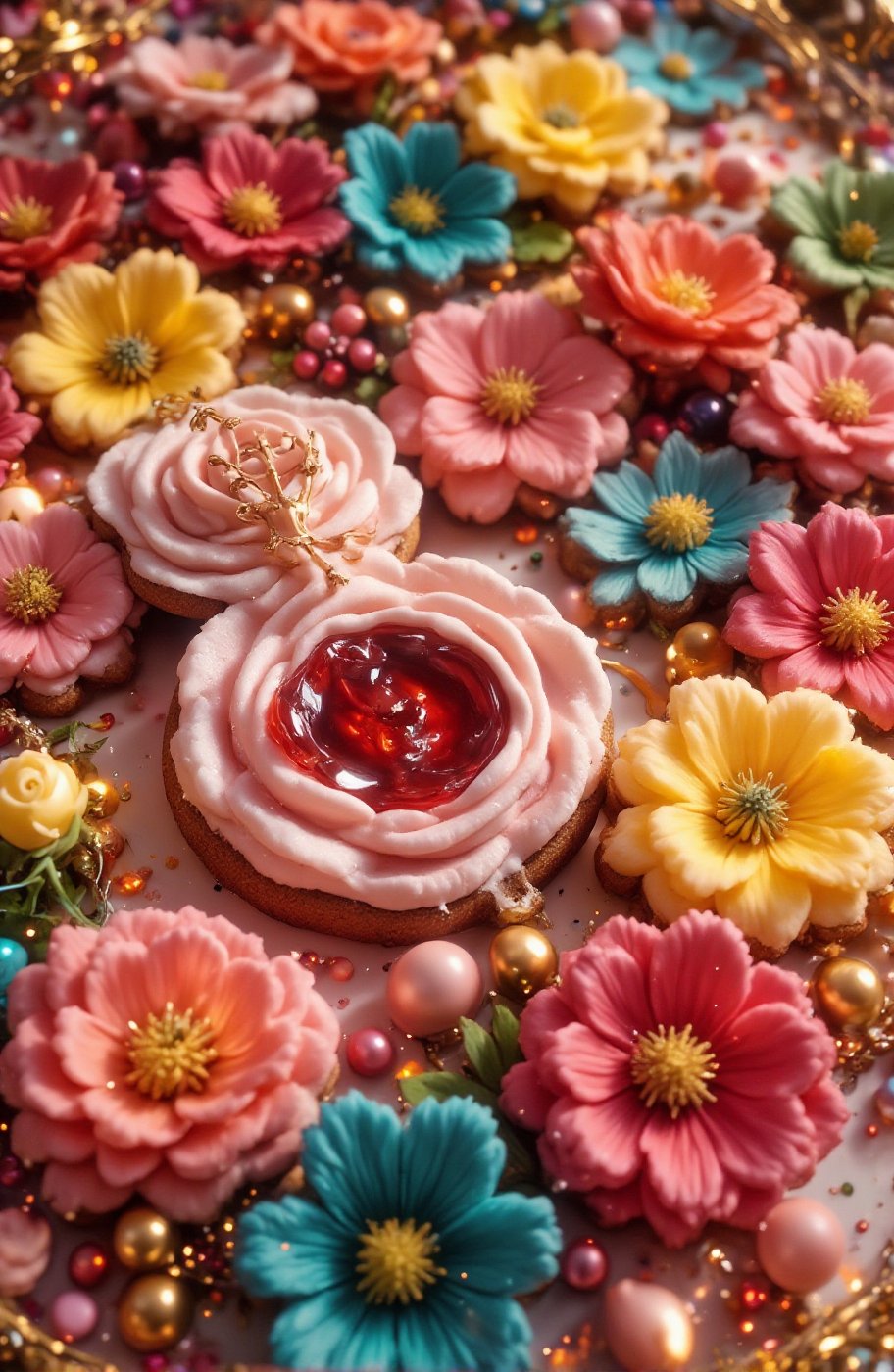 Beautiful colorful shapes of gingerbread cookies close-up. Carefully designed display and eye-catching colorful flower sha...