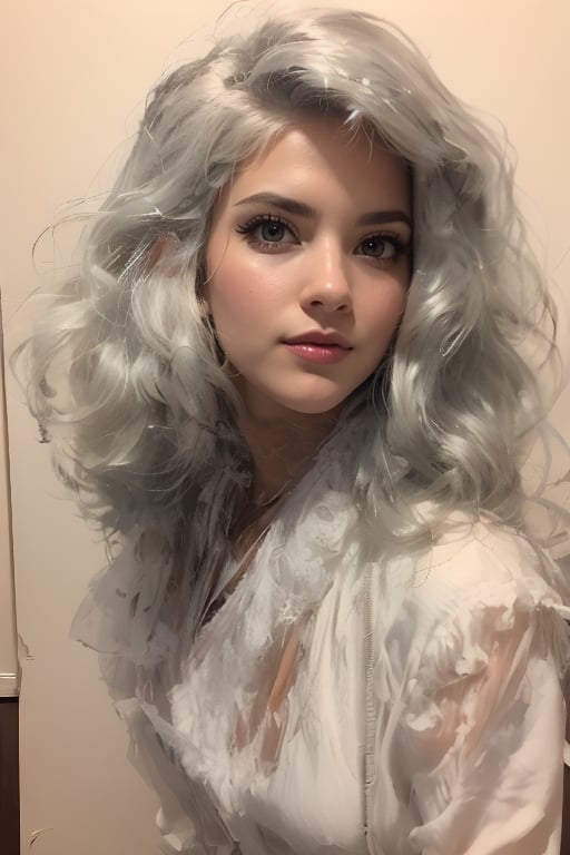 1girl, solo, upper body, grey hair, lips, traditional media, realistic