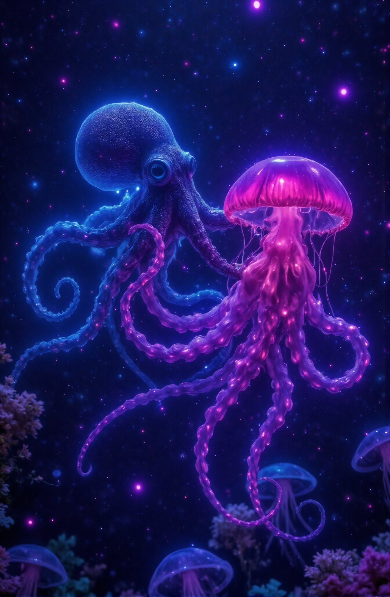 Score_9,  In ​​the romantic shallow sea,  an octopus encountered a jellyfish by newsans23 on Tensor.Art