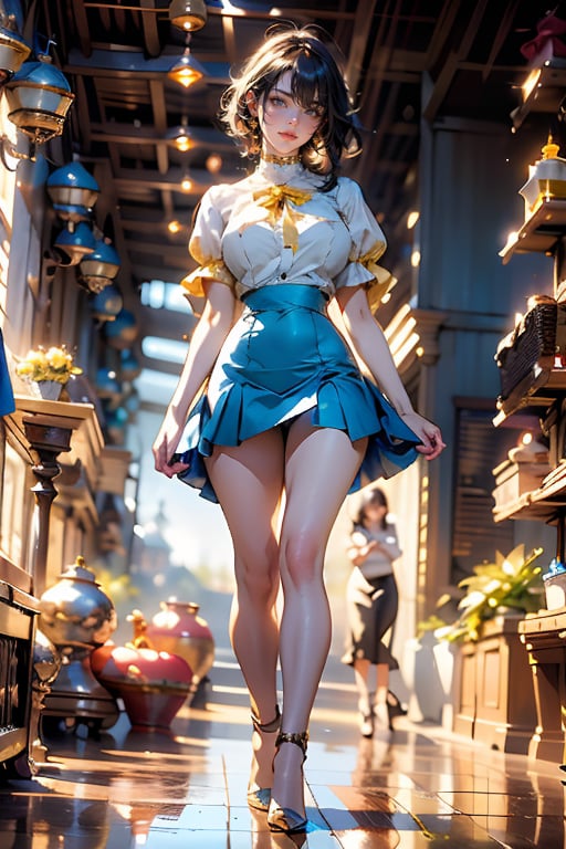 1girl, solo, smile, short hair, skirt, simple background, shirt, black hair, white background, bow, holding, standing, full body, closed eyes, flower, short sleeves, hair bow, hairband, shoes, puffy sleeves, high heels, puffy short sleeves, rose, blue shirt, long skirt, basket, yellow skirt, yellow footwear

(Long straight hair with gradient blue, bangs), (obvious blue eyes), long eyebrows, soft makeup, gradient lips, (big breasts), long legs, indifferent, detailed fingers, detailed background, ambient light, extreme details , Movie Shots, Realistic Illustrations, (Soothing Tone: 1.3), (Ultra Detail: 1.2), Masterpiece, Normal Feet, Normal Body, Normal Limbs, (Coast Theme)

Perfect Skin, (RAW Photo, Best Quality), (Real, Photo Real: 1.3), Best Quality, Masterpiece, Beauty & Aesthetics, 16K, (HDR: 1.4), High Contrast, (Vivid Colors: 1.4), ( Silent Colors, Dull Colors, Soothing Tone: 0), Cinematic Lighting, Ambient Lighting, Side Lighting, Fine Details and Textures, Cinematic Lenses, Warm Colors, Full Body (Bright and Intense: 1.2), (Masterpiece, Top Quality , Best Quality, Official Art, Beauty & Aesthetics: 1.2), HDR, High Contrast, Wide Angle Lens (Highly Detailed Skin: 1.2), Full Body, Beautiful Legs and Hot Body,hourglass body shape