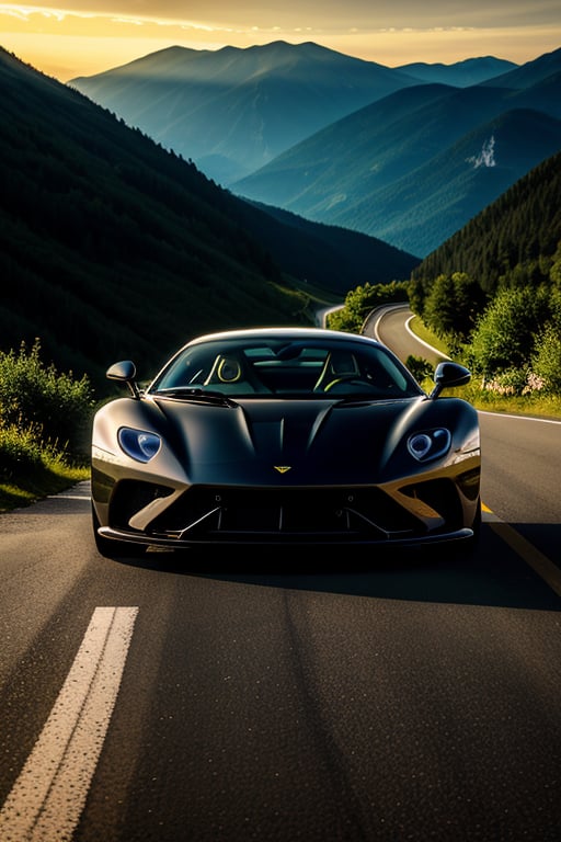 A sleek, handsome sports car parked on a winding mountain road, with dramatic golden hour lighting casting long shadows. The car is in sharp focus, showcasing its aerodynamic design and polished exterior. The background features lush greenery and distant mountains, creating a sense of speed and adventure. The composition frames the car from a low angle, emphasizing its powerful presence and dynamic lines.