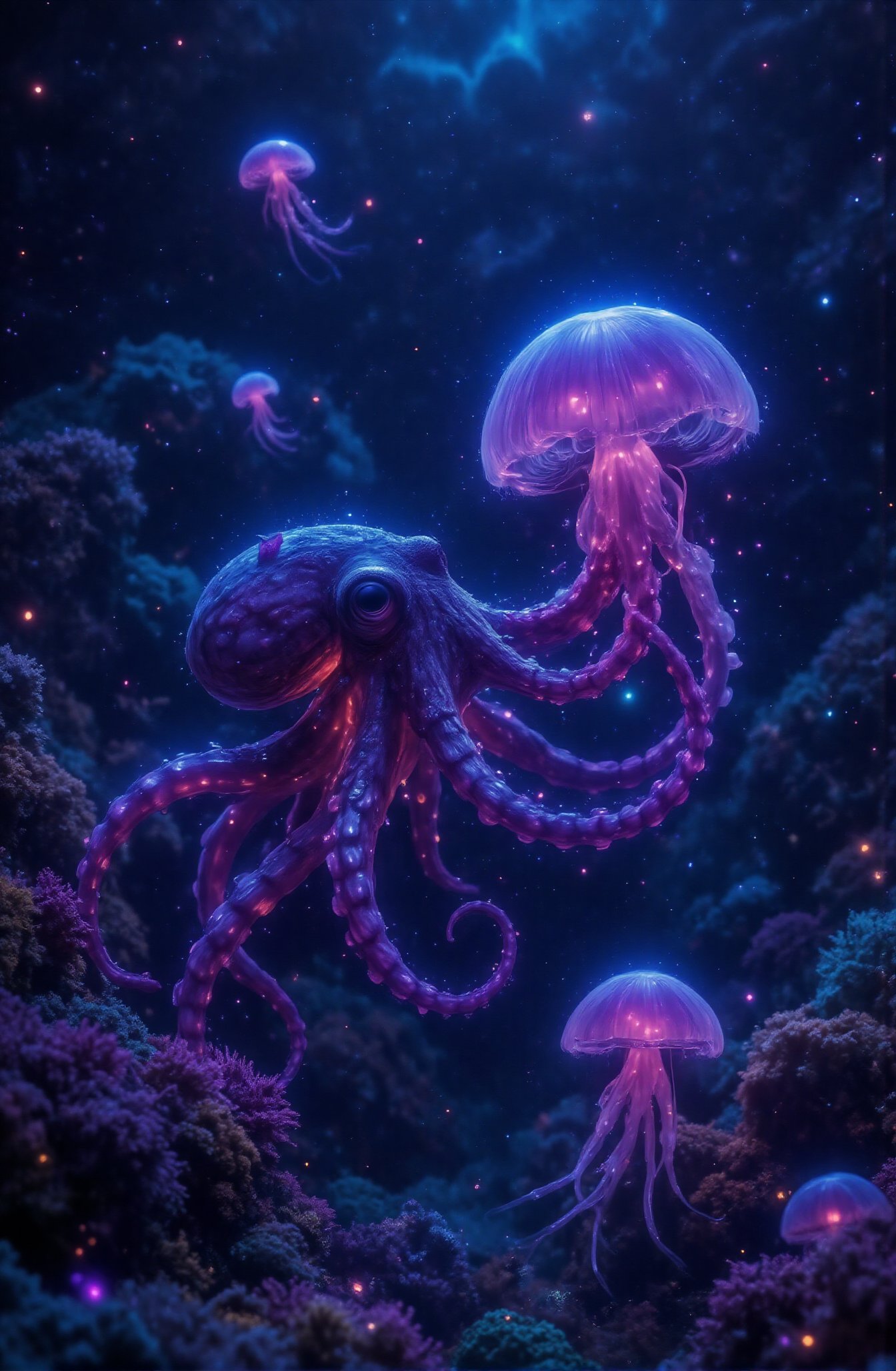 Score_9,  In ​​the romantic shallow sea,  an octopus encountered a jellyfish by newsans23 on Tensor.Art