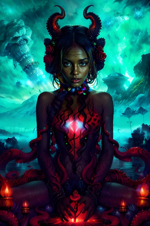 A plump girl lay lazily on a throne made of tentacles. She supported her head on one hand, her eyes half-closed. Fluorescent green eyes sparkled in the darkness, contrasting sharply with her all-black skin and the streaks radiating from her body. Her body is translucent, revealing the glow of a huge red core on her chest. The internal forces are constantly splitting and merging, releasing powerful destructive power. Azathoth.

Surrounded by countless invisible dancers, they play invisible flutes to an unsettling monotony. These chaotic voices are trying to maintain Azathoth's calm.

It all takes place against a turbulent backdrop: volcanic eruptions, thunder and blizzards combine to create a scene that is both chaotic and mysterious.