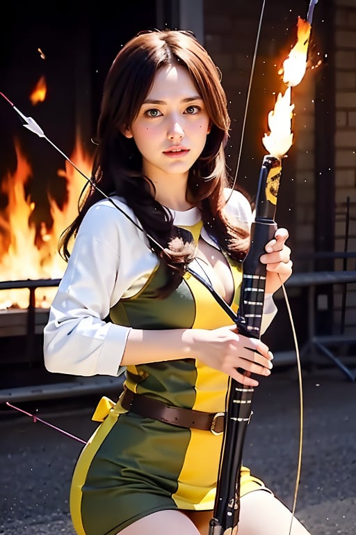 1girl, solo, long hair, black hair, weapon, fire, reality, arrow\(slug\), holding a bow and arrow aimed at the viewer