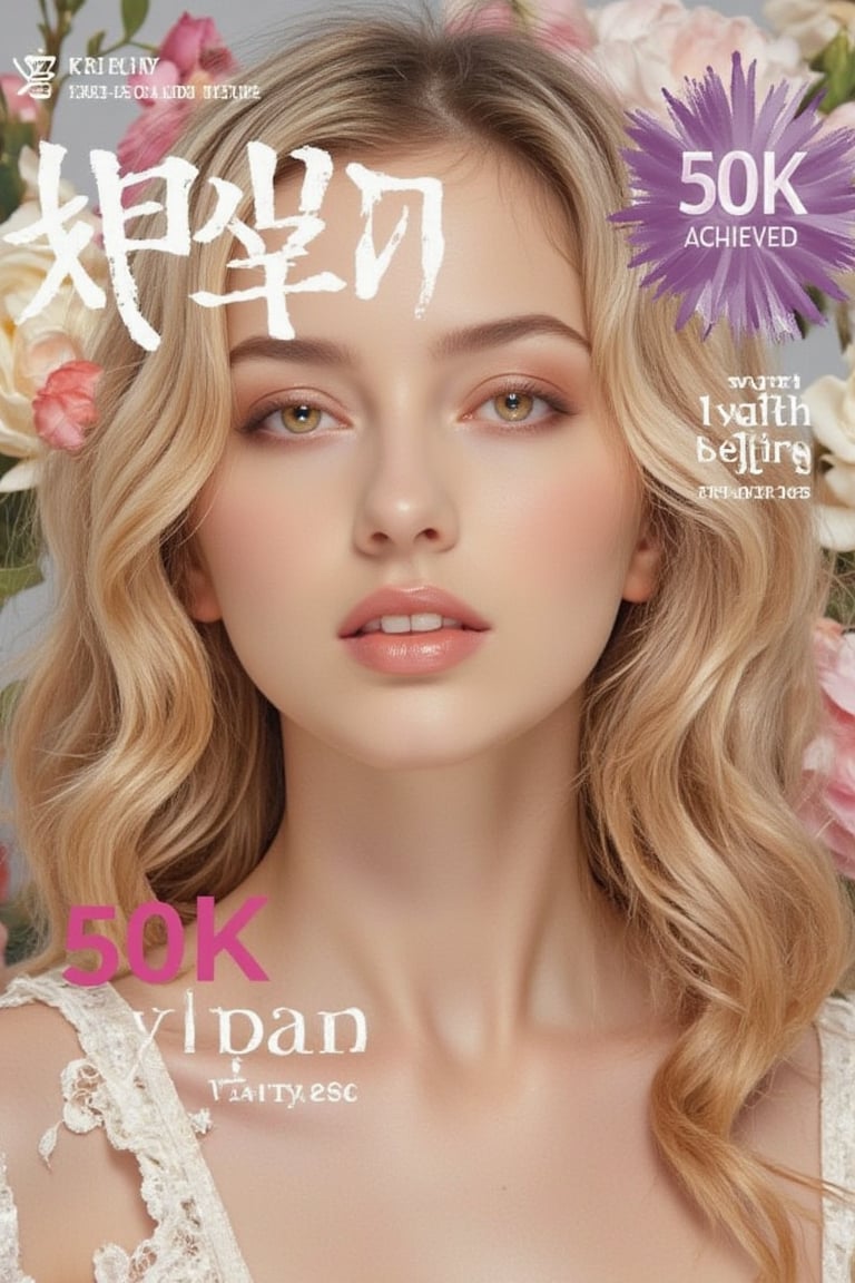 1girl, solo, upper body, white hair, lips, traditional media, reality, pop idol magazine, title "50K Achieved" in eye-catching font, attractive cover with beauty character, jpop cover 80s, blonde mature woman's smile, Brown curly hair beauty