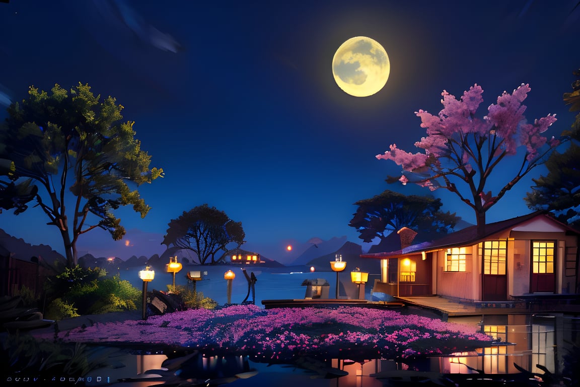 On a night of cherry blossoms in the rain, a bright moon appears, reflected in the clear lake water, looking up