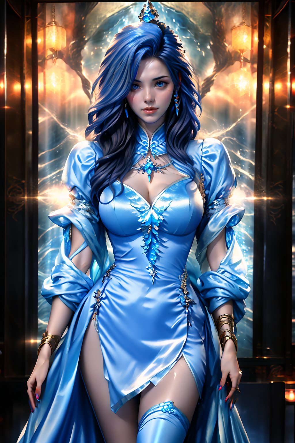 The teenage sorceress in a fantasy style utilizes ice-based magic, her face is remarkably lifelike, resembling a bit of a Japanese or Korean female celebrity, accompanied by a large ice dragon. Her magic staff is a silver ice crystal with a blue gem atop it. She wears a white robe adorned with icy patterns. Her hair is a light shade of blue, and her eyes are deep blue. Her expression remains calm as she has just discovered a mysterious cave.Masterpiece, High Quality, High Detail, Top Quality, Hi-Res, HD, 16k, 8k, 4K, Award-Winning BREAk, Realism, Depth of Field, Cinematic Lighting, Backlight, Symmetry, Bokeh, f/1.8, Eye Level Shot, 35mm, Very Delicate and Beautiful, Very Detailed, Amazing, Fine Detail, Masterpiece, Best Quality, Official Art, Absurd, Incredibly ridiculous, Ultra detailed, High Definition, Very detailed, Beautiful cute girl, (Cowboy Shot: 1.25), Break, Wavy Hair , Very detailed eyes and face, Beautiful detailed eyes, Face light, 18 years old, (golden yellow long straight hairstyle: 1.2), detailed hair, (slender: 1.15), perfect anatomy, perfect proportions, (waterfall background: 1.25), detailed background, (looking at the viewer, facing the viewer: 1.15), ((seductive model pose)), (((dynamic pose))), cinematic lighting, ,Mecha body, conan style dress, Nice legs and hot body, More Detail, blue eyes, red lips, seductive smile,Fashion cheongsam