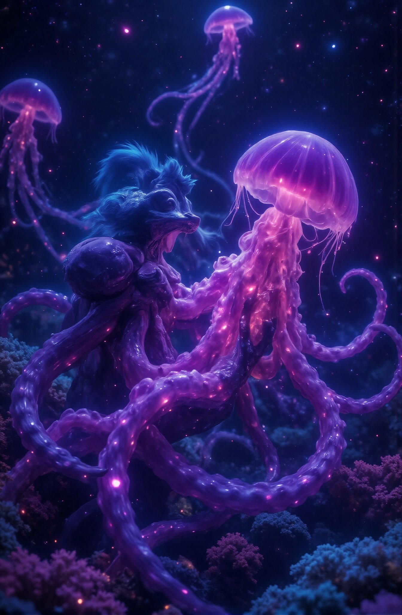 Score_9,  In ​​the romantic shallow sea,  an octopus encountered a jellyfish by newsans23 on Tensor.Art