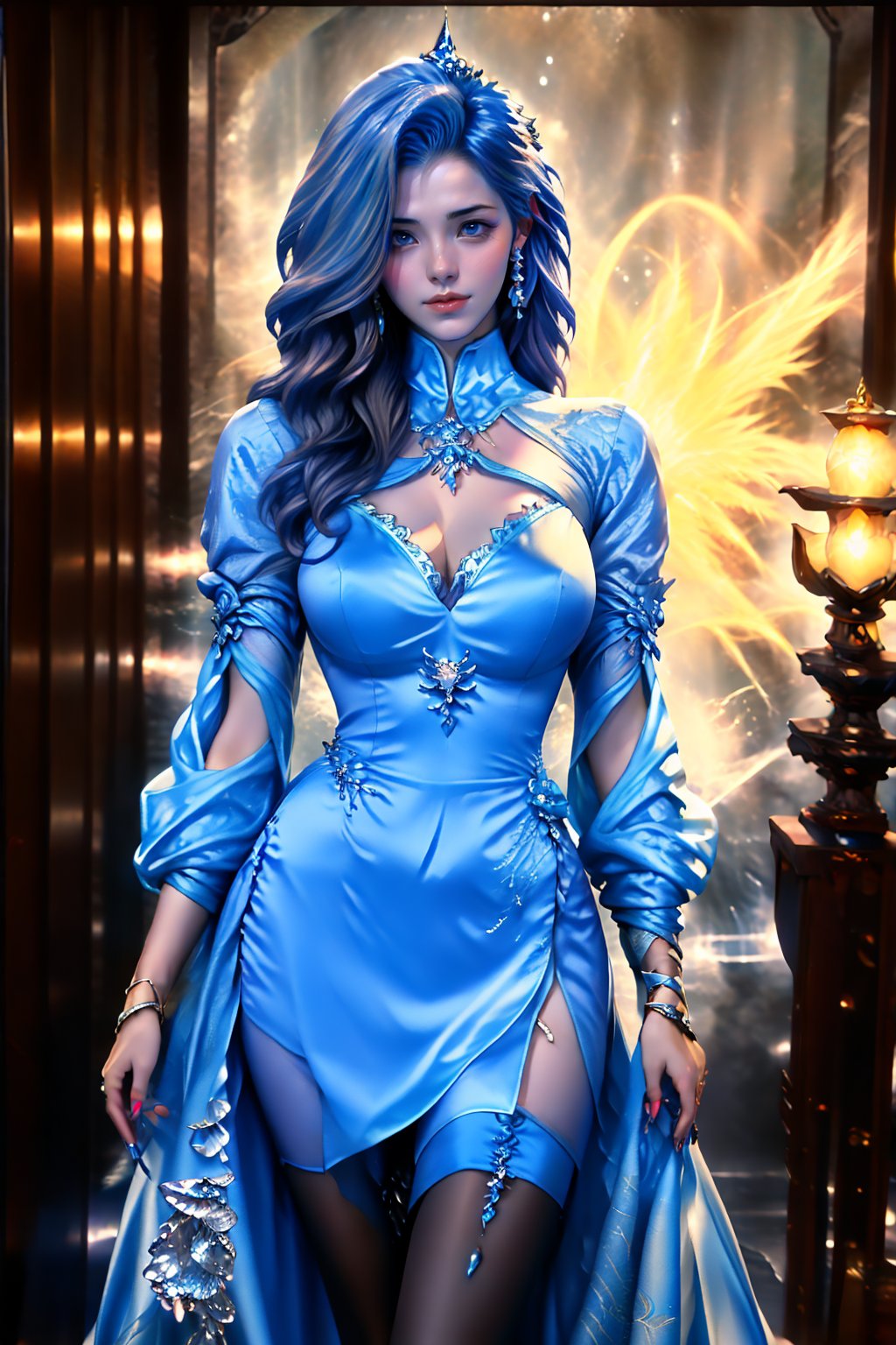 The teenage sorceress in a fantasy style utilizes ice-based magic, her face is remarkably lifelike, resembling a bit of a Japanese or Korean female celebrity, accompanied by a large ice dragon. Her magic staff is a silver ice crystal with a blue gem atop it. She wears a white robe adorned with icy patterns. Her hair is a light shade of blue, and her eyes are deep blue. Her expression remains calm as she has just discovered a mysterious cave.Masterpiece, High Quality, High Detail, Top Quality, Hi-Res, HD, 16k, 8k, 4K, Award-Winning BREAk, Realism, Depth of Field, Cinematic Lighting, Backlight, Symmetry, Bokeh, f/1.8, Eye Level Shot, 35mm, Very Delicate and Beautiful, Very Detailed, Amazing, Fine Detail, Masterpiece, Best Quality, Official Art, Absurd, Incredibly ridiculous, Ultra detailed, High Definition, Very detailed, Beautiful cute girl, (Cowboy Shot: 1.25), Break, Wavy Hair , Very detailed eyes and face, Beautiful detailed eyes, Face light, 18 years old, (golden yellow long straight hairstyle: 1.2), detailed hair, (slender: 1.15), perfect anatomy, perfect proportions, (waterfall background: 1.25), detailed background, (looking at the viewer, facing the viewer: 1.15), ((seductive model pose)), (((dynamic pose))), cinematic lighting, ,Mecha body, conan style dress, Nice legs and hot body, More Detail, blue eyes, red lips, seductive smile,Fashion cheongsam