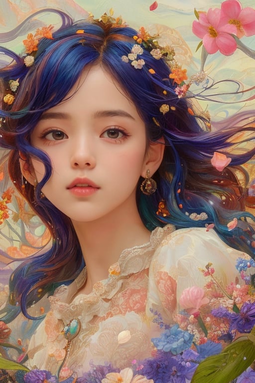 A captivating digital art portrait of a young woman surrounded by a vibrant array of flowers. Her wavy, dark blue hair frames her face, blending seamlessly with the floral elements around her. The flowers, in shades of orange, blue, and white, create a striking contrast against her pale skin. She gazes directly at the viewer with an intense, almost ethereal expression. The intricate details of the petals and leaves intertwine with her hair, giving the impression that she is one with nature. The overall composition is both delicate and dramatic, evoking a sense of mystery and enchantment.