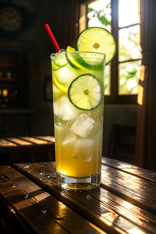 A refreshing cold drink in a tall, frosted glass, with condensation dripping down its sides, set on a rustic wooden table. The drink is illuminated by natural sunlight streaming through a window, casting a warm glow. The composition includes a few ice cubes floating in the drink, with a slice of lemon or lime adding a splash of color. The background features a cozy, inviting indoor setting, with soft shadows and a sense of comfort.