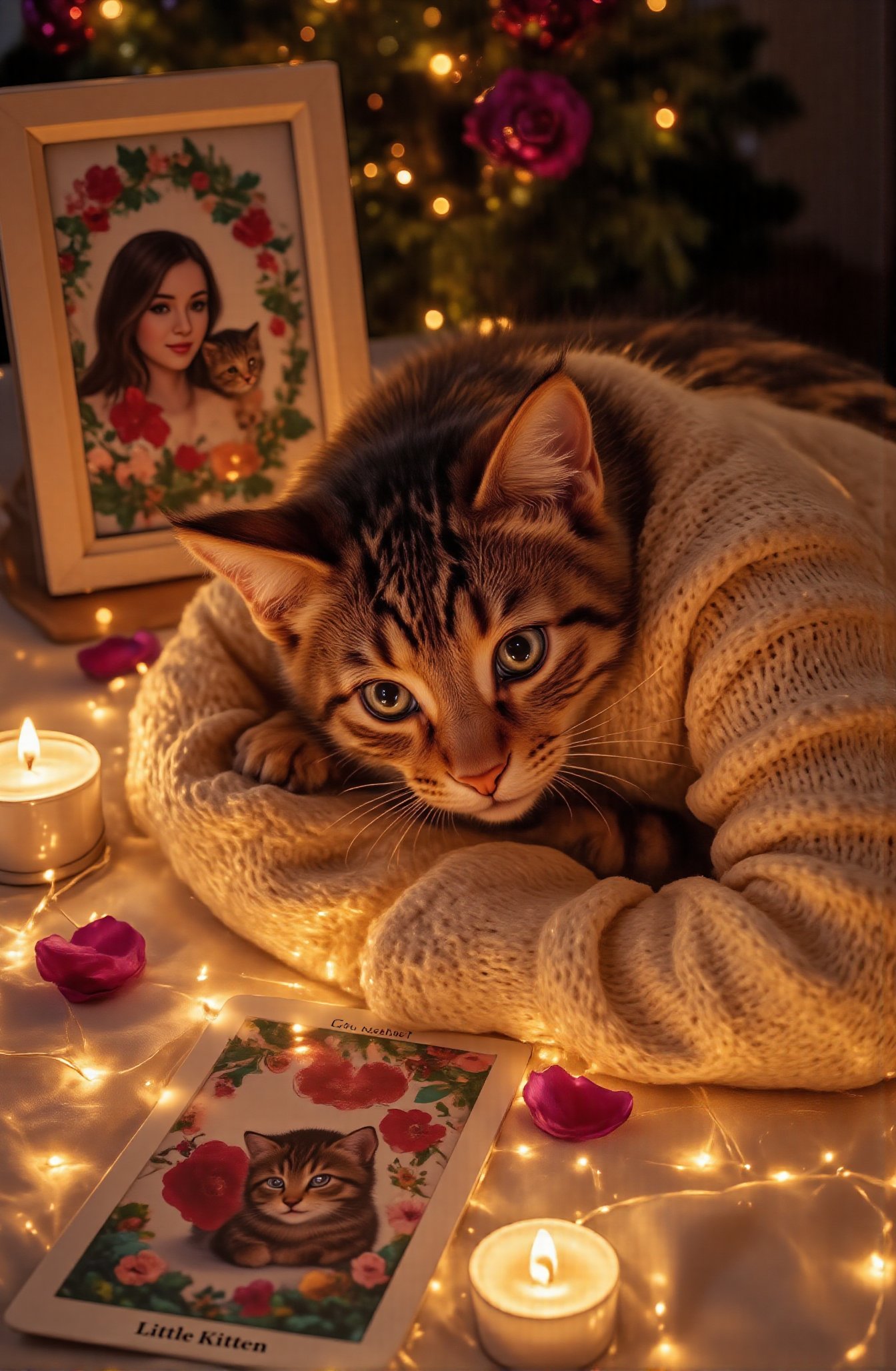 Score_9 is a tarot card that depicts a warm sweater,  evoking the kitten's nostalgia for its owner. A card with the name "...