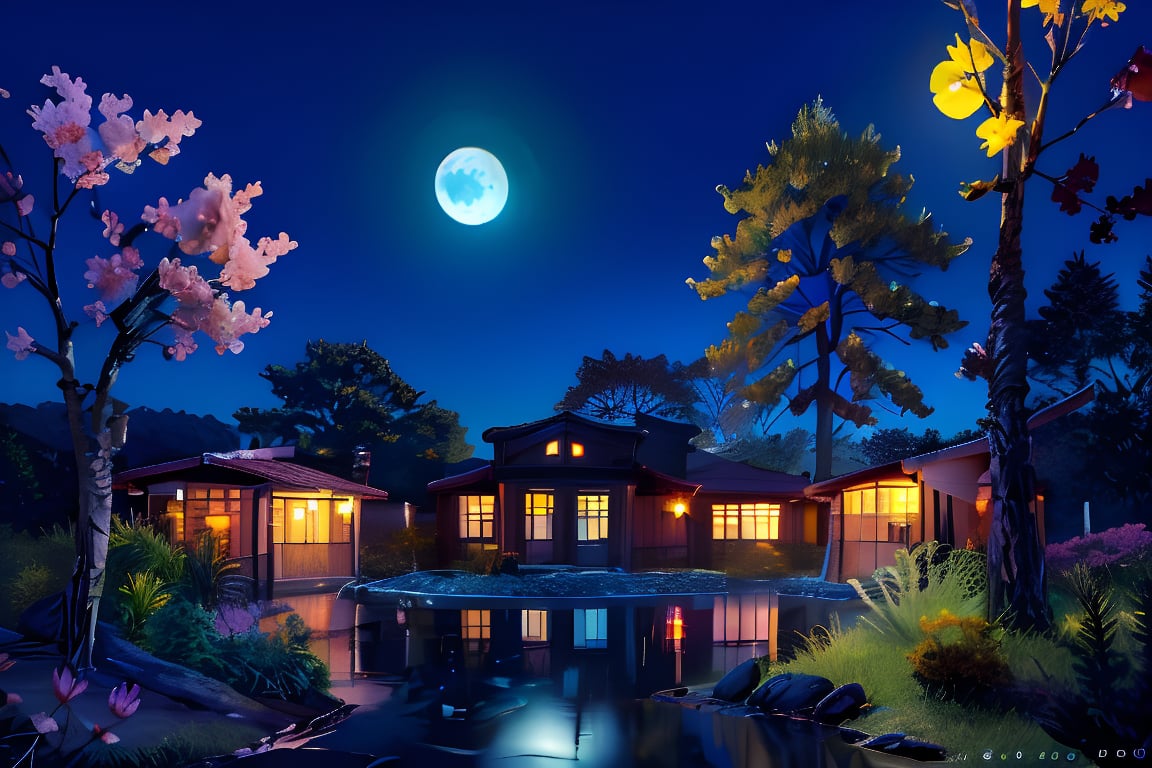 On a night of cherry blossoms in the rain, a bright moon appears, reflected in the clear lake water, looking up